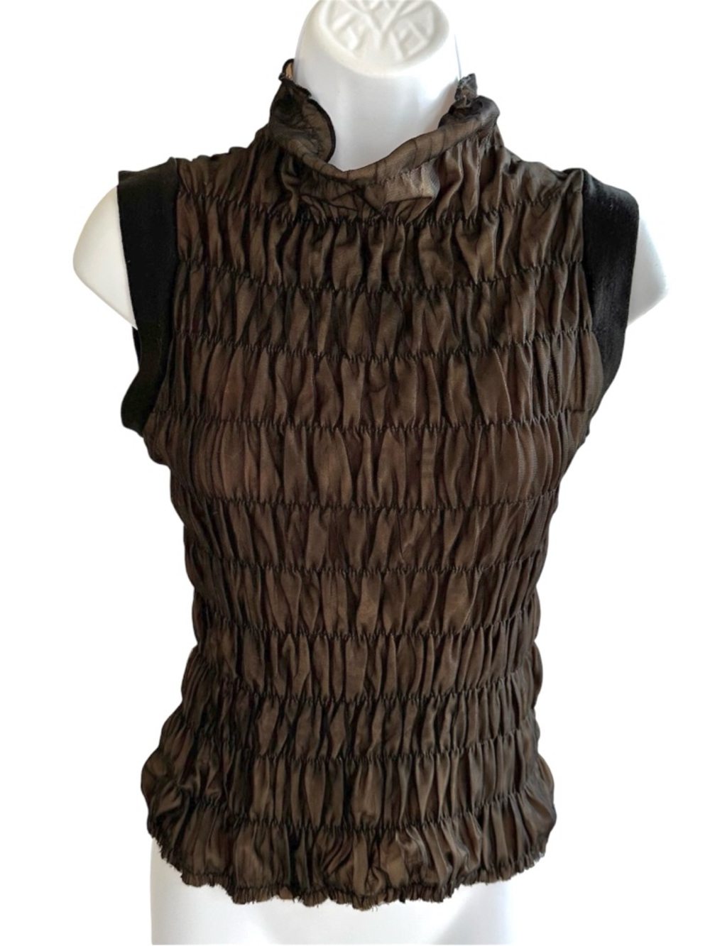 Smocked High Neck Sleeveless Top - Black Sheer Layer with Tan Base